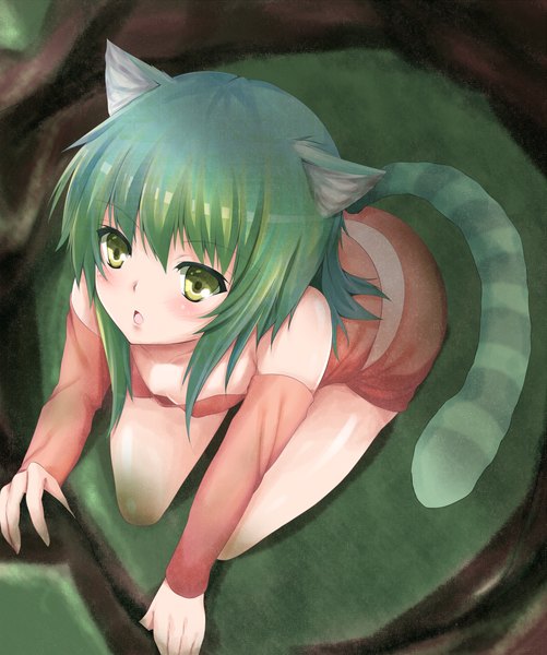 Anime picture 1002x1200 with original yappen single tall image looking at viewer blush short hair open mouth animal ears yellow eyes green hair cat ears cat girl cat tail girl