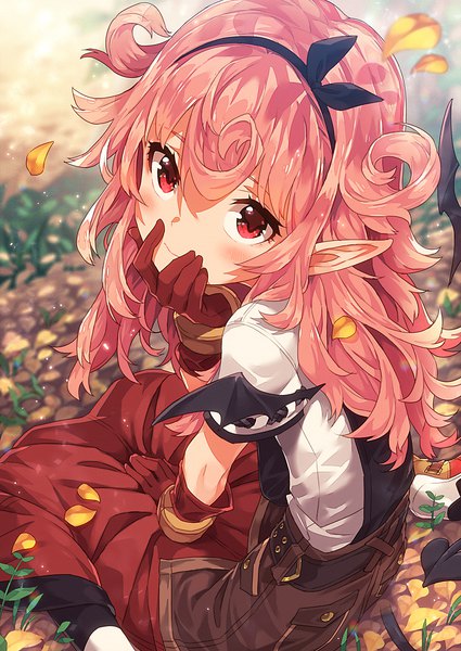 Anime picture 850x1200 with original recri (narumi arata) narumi arata single long hair tall image looking at viewer blush fringe hair between eyes red eyes sitting pink hair bent knee (knees) outdoors looking back from above from behind embarrassed wariza