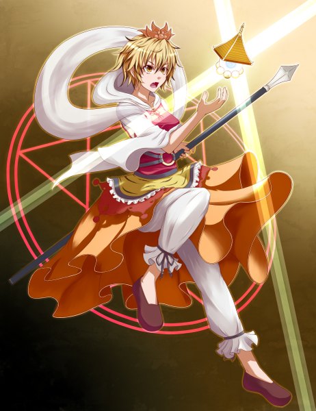 Anime picture 1850x2400 with touhou toramaru shou asuto3 single tall image highres short hair blonde hair yellow eyes looking away full body japanese clothes brown background girl lantern spear knickers