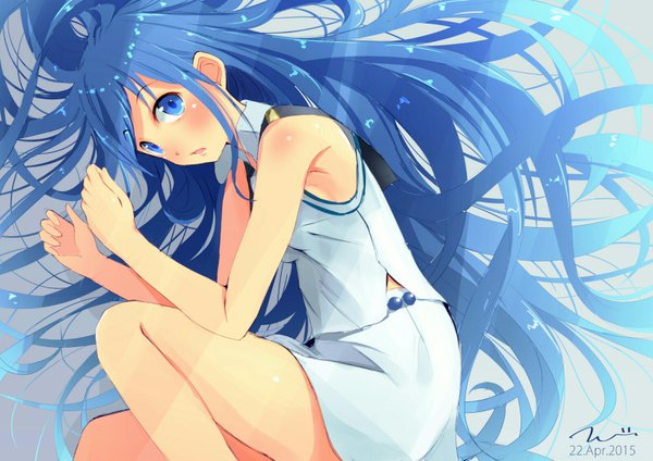 Anime picture 1599x1131 with kantai collection samidare destroyer tebi (tbd11) single long hair looking at viewer blush fringe open mouth blue eyes signed blue hair bent knee (knees) lying girl beads