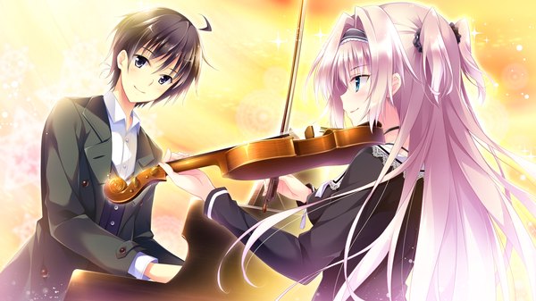 Anime picture 1920x1080 with golden marriage ensemble (studio) amaya rei long hair blush highres short hair blue eyes black hair wide image game cg silver hair couple girl dress boy hairband musical instrument piano violin