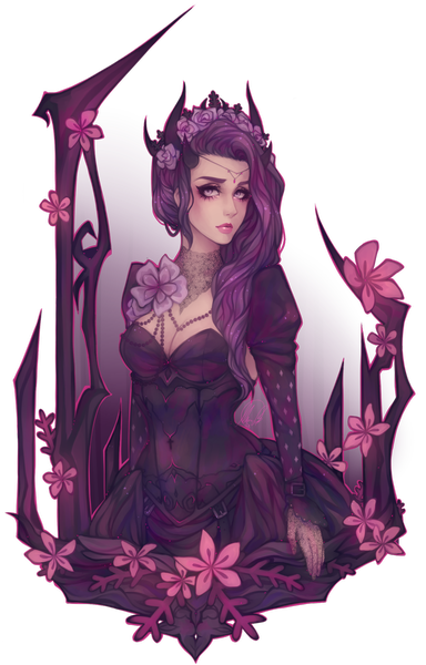 Anime picture 1280x1998 with original agent-lapin (artist) single long hair tall image looking at viewer purple eyes purple hair hair flower horn (horns) lips transparent background girl dress gloves hair ornament flower (flowers) transparent clothing beads purple dress