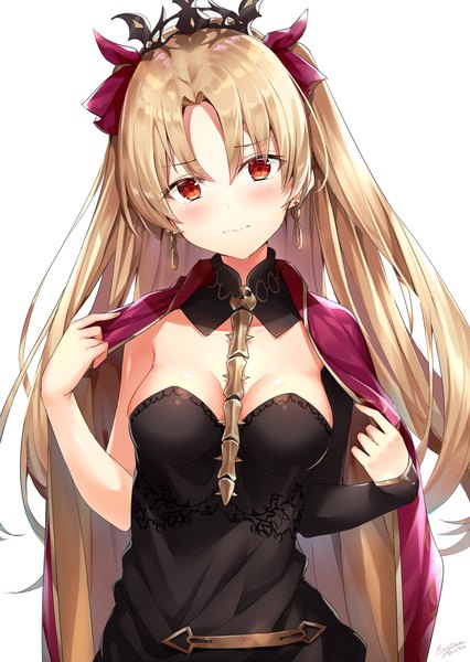 Anime picture 879x1239 with fate (series) fate/grand order toosaka rin ereshkigal (fate) rin yuu single long hair tall image looking at viewer blush fringe breasts light erotic blonde hair simple background red eyes large breasts white background signed upper body