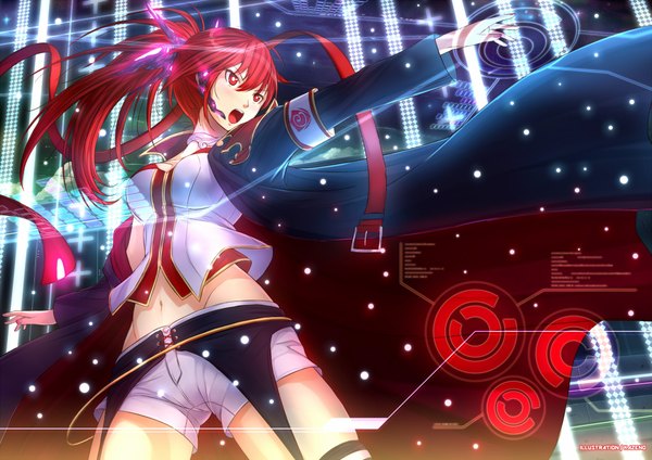 Anime picture 2046x1446 with vocaloid cul kazeno single long hair highres open mouth red eyes signed ponytail red hair nail polish girl thighhighs navel hair ornament choker shorts belt headphones