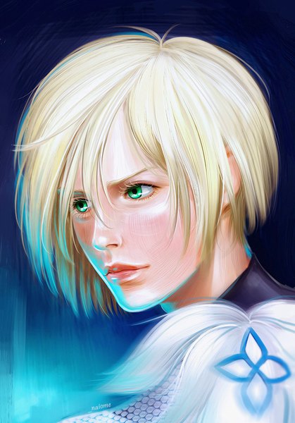 Anime picture 650x931 with yuri!!! on ice mappa yuri plisetsky naiome-san single tall image blush fringe short hair simple background blonde hair hair between eyes green eyes signed looking away upper body lips realistic portrait blue background