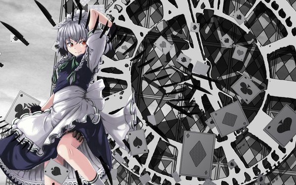 Anime picture 1920x1200 with touhou izayoi sakuya m134 single highres short hair smile red eyes wide image silver hair braid (braids) maid twin braids girl socks headdress maid headdress white socks apron knife