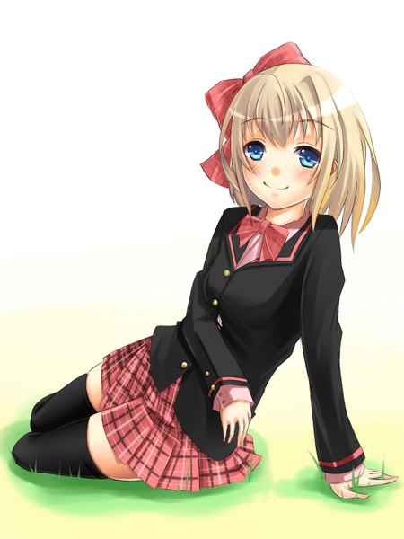 Anime picture 1200x1600 with original reio reio tall image blush short hair blue eyes simple background blonde hair white background girl thighhighs skirt bow black thighhighs hair bow miniskirt