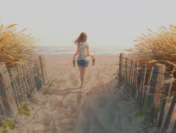 Anime picture 1200x913 with original tamaki (tamaki illust) single long hair brown hair holding sky cloud (clouds) barefoot wind from behind bare legs shadow striped horizon walking sand shoes removed girl shoes
