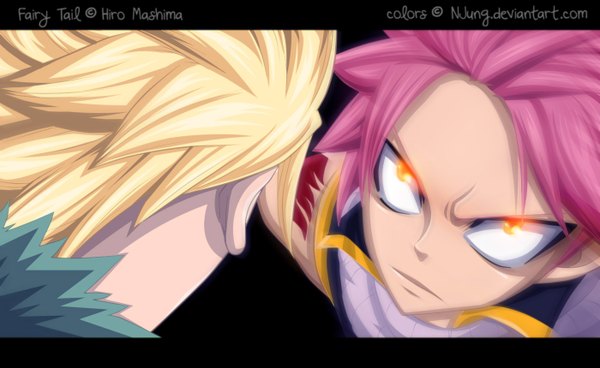 Anime picture 1400x859 with fairy tail natsu dragneel sting eucliffe natilokijung short hair blonde hair wide image pink hair orange eyes tattoo sleeveless coloring black background close-up face to face boy scarf fur