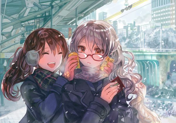 Anime picture 1048x735 with original rioka (southern blue sky) long hair blush fringe open mouth brown hair multiple girls brown eyes looking away outdoors white hair eyes closed :d fingernails happy snowing winter snow exhalation