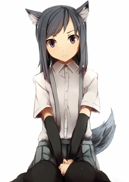 Anime picture 990x1400 with kantai collection asashio destroyer kyouya (mukuro238) single long hair tall image black hair simple background white background sitting animal ears bent knee (knees) tail animal tail pleated skirt grey hair serious wolf ears kemonomimi mode wolf tail