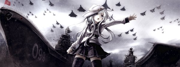 Anime picture 1654x620 with kantai collection hibiki destroyer verniy destroyer missle228 single long hair open mouth blue eyes wide image looking away white hair zettai ryouiki outstretched arm hammer and sickle girl thighhighs skirt black thighhighs miniskirt star (symbol)