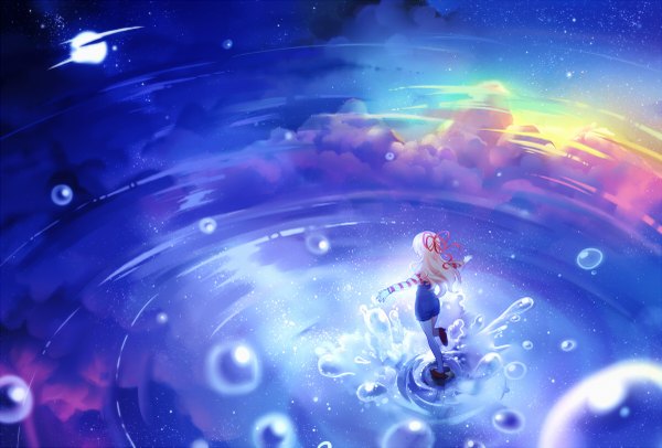 Anime picture 1200x813 with original ifabulicious (original) longestdistance single long hair blonde hair sky cloud (clouds) bent knee (knees) sunlight spread arms landscape scenic girl ribbon (ribbons) hair ribbon water star (stars) water drop splashes