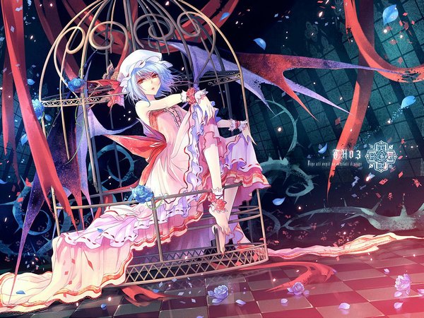 Anime picture 1183x888 with touhou remilia scarlet kieta short hair red eyes blue hair full body barefoot checkered floor bat wings girl dress hat petals wings rose (roses) blue rose cage