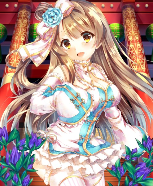 Anime picture 1400x1700 with love live! school idol project sunrise (studio) love live! minami kotori saijou haruki single long hair tall image looking at viewer blush open mouth brown hair yellow eyes one side up girl dress flower (flowers) bow hair bow detached sleeves