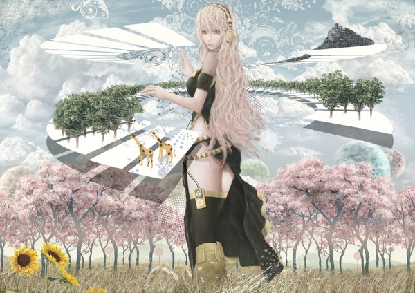 Anime picture 1754x1240 with vocaloid ipod megurine luka tamamono atae long hair highres blue eyes pink hair cloud (clouds) cherry blossoms girl plant (plants) animal tree (trees) headphones sunflower giraffe