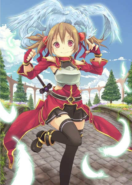 Anime picture 1066x1491 with sword art online a-1 pictures silica pina (sao) hpflower (artist) tall image blush short hair smile red eyes brown hair twintails cloud (clouds) loli short twintails girl thighhighs skirt flower (flowers) ribbon (ribbons)