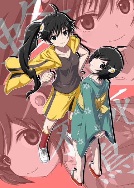 Anime picture 1200x1675 with bakemonogatari nisemonogatari shaft (studio) monogatari (series) araragi karen araragi tsukihi shirosame (artist) long hair tall image looking at viewer short hair black hair smile multiple girls ahoge ponytail japanese clothes black eyes side ponytail zoom layer