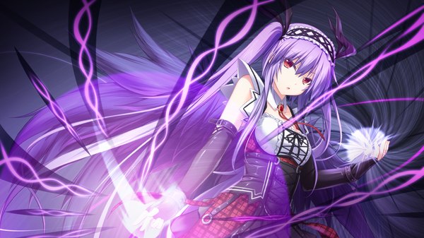 Anime picture 1280x720 with tenbin no la dea eushully single long hair looking at viewer red eyes wide image twintails game cg purple hair magic girl dress detached sleeves headdress