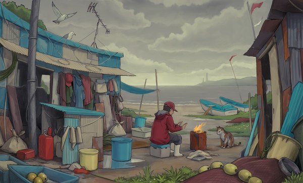 Anime picture 1024x619 with original ka92 (pixiv) wide image sitting cloud (clouds) boy animal sea bird (birds) building (buildings) cat fire flat cap watercraft seagull boat