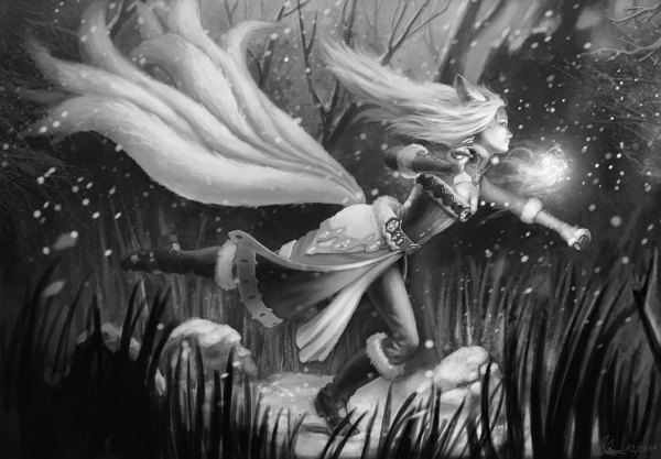 Anime picture 1150x800 with league of legends ahri (league of legends) single long hair blonde hair animal ears fox tail monochrome snowing winter snow multiple tails girl plant (plants) grass