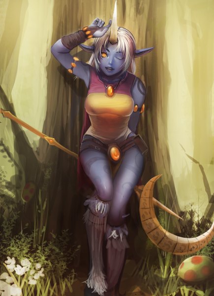 Anime picture 870x1200 with league of legends soraka (league of legends) laci (artist) single tall image short hair silver hair one eye closed horn (horns) pointy ears wink orange eyes tattoo blue skin girl flower (flowers) weapon plant (plants) tree (trees) staff