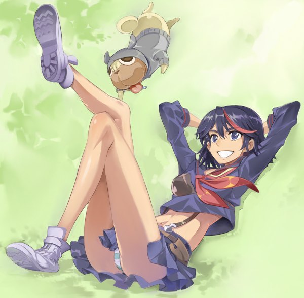 Anime picture 1200x1175 with kill la kill studio trigger matoi ryuuko senketsu guts (kill la kill) miyo (13th floor) short hair light erotic black hair simple background smile purple eyes looking away red hair multicolored hair two-tone hair bare belly pantyshot streaked hair legs