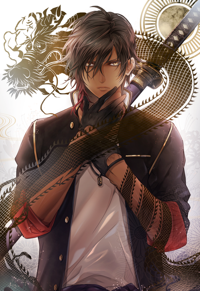 Anime picture 1100x1600 with touken ranbu nitroplus ookurikara yamagami sayaka single tall image looking at viewer brown hair white background yellow eyes lips tattoo dark skin crossed arms fantasy hand on face twisty sleeves boy gloves weapon