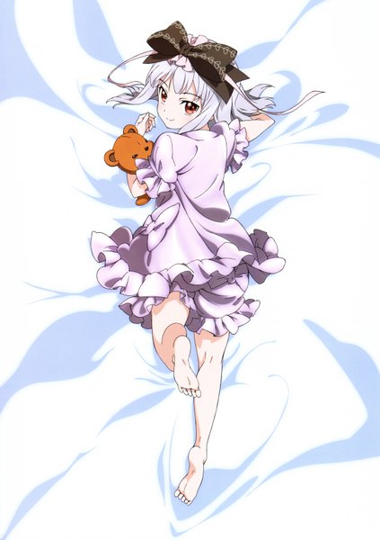 Anime picture 4917x6973 with fantasista doll akari (fantasista doll) single tall image highres short hair smile red eyes absurdres silver hair looking back barefoot scan girl bow hair bow toy stuffed animal teddy bear pajamas