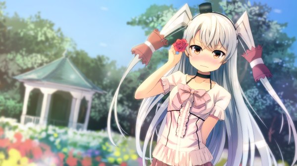 Anime picture 3143x1768 with kantai collection amatsukaze destroyer sunsuke single long hair looking at viewer blush fringe highres wide image brown eyes sky silver hair sunlight blurry short sleeves orange eyes two side up dutch angle depth of field