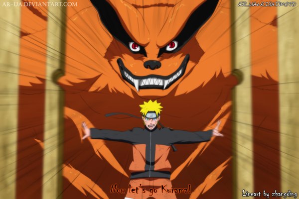 Anime picture 1350x900 with naruto studio pierrot naruto (series) uzumaki naruto kurama (kyuubi) ar-ua short hair open mouth blue eyes blonde hair smile red eyes inscription teeth fang (fangs) coloring facial mark spread arms whisker markings jinchuriki