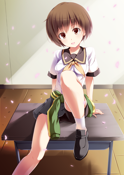 Anime picture 1800x2542 with persona 4 persona satonaka chie fal maro single tall image highres short hair open mouth brown hair sitting brown eyes girl shirt petals socks white socks