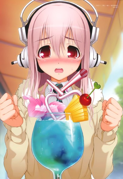 Anime picture 4802x6982 with nitroplus super sonico tsuji santa single long hair tall image blush highres open mouth red eyes pink hair absurdres girl food headphones sweater berry (berries) cherry