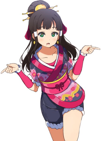 Anime picture 1579x2198 with love live! sunshine!! sunrise (studio) love live! kurosawa dia icehotmilktea single long hair tall image looking at viewer open mouth black hair simple background white background green eyes traditional clothes japanese clothes mole mole under mouth pointing girl