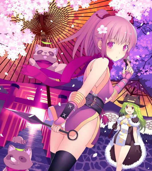 Anime picture 1200x1349 with ragnarok online high wizard ninja (ragnarok online) deviruchi fireflysnow long hair tall image blush open mouth purple eyes multiple girls purple hair ponytail traditional clothes looking back hair flower green hair cherry blossoms > < girl