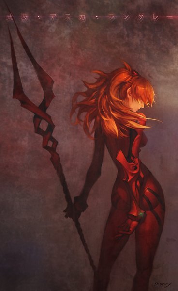 Anime picture 922x1500 with neon genesis evangelion gainax shikinami asuka langley morry single long hair tall image fringe standing holding signed profile from behind orange hair inscription hair over eyes girl pilot suit lance of longinus (evangelion)
