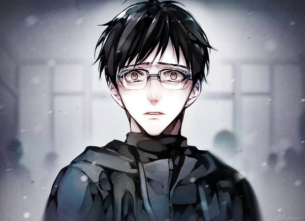 Anime picture 1050x760 with yuri!!! on ice mappa katsuki yuuri sueun looking at viewer fringe short hair black hair brown eyes parted lips lips snowing eyebrows surprised boy winter clothes