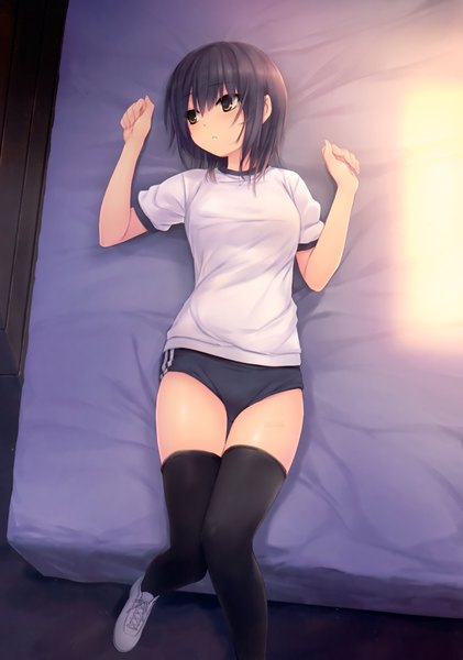 Anime picture 2458x3500 with original aoyama sumika coffee-kizoku single tall image blush fringe highres short hair breasts light erotic black hair looking away indoors lying on back knees touching girl thighhighs uniform