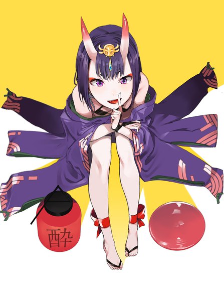 Anime picture 700x939 with fate (series) fate/grand order shuten douji (fate) pinch (nesume) single tall image looking at viewer fringe short hair light erotic sitting purple eyes purple hair full body horn (horns) from above off shoulder fang (fangs) finger to mouth eyeshadow