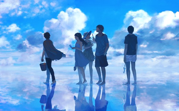 Anime picture 2279x1412 with original takeji long hair highres short hair open mouth black hair smile wide image multiple girls sky cloud (clouds) profile barefoot multiple boys back girl dress boy 2 girls