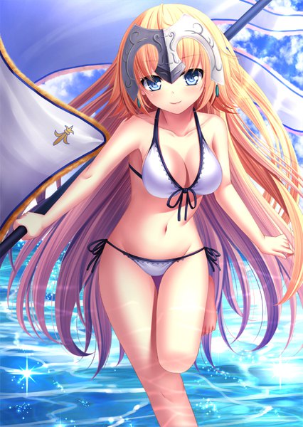 Anime picture 569x800 with fate (series) fate/grand order fate/apocrypha jeanne d'arc (fate) (all) jeanne d'arc (fate) toshi (1-147) single tall image looking at viewer blush breasts blue eyes light erotic blonde hair large breasts standing holding sky cleavage cloud (clouds)