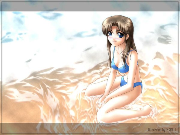 Anime picture 1024x768 with blue eyes brown hair barefoot beach kneeling swimsuit bikini water sea wave (waves)