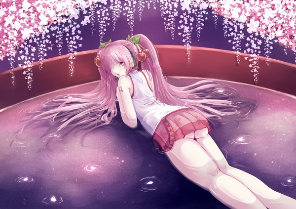 Anime picture 1500x1058 with vocaloid hatsune miku sakura miku heiya long hair light erotic twintails bare shoulders pink hair ass lying pink eyes girl skirt flower (flowers) petals food headphones berry (berries) cherry