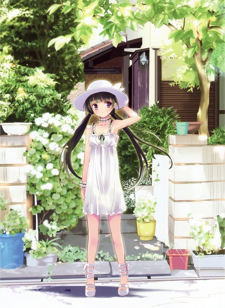 Anime picture 1996x2733 with takashina masato single long hair tall image looking at viewer blush highres black hair twintails purple eyes bare shoulders barefoot sunlight armpit (armpits) loli arm behind head girl dress plant (plants) hat