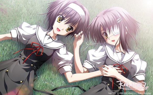 Anime picture 1920x1200 with ef ef a fairy tale of the two shaft (studio) shindou kei shindou chihiro nanao naru highres short hair open mouth black hair wide image multiple girls yellow eyes lying holding hands girl hair ornament 2 girls plant (plants) serafuku