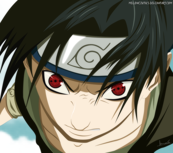 Anime picture 1080x956 with naruto studio pierrot naruto (series) uchiha sasuke melonciutus single short hair black hair red eyes sky cloud (clouds) grin coloring close-up face angry sharingan boy bandana