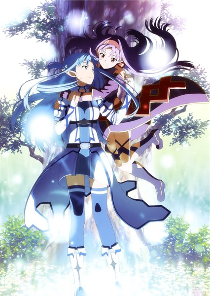 Anime picture 1601x2256 with sword art online a-1 pictures yuuki asuna yuuki (sao) asuna (sao-alo) long hair tall image blue eyes red eyes multiple girls blue hair purple hair pointy ears scan official art hug girl thighhighs dress 2 girls