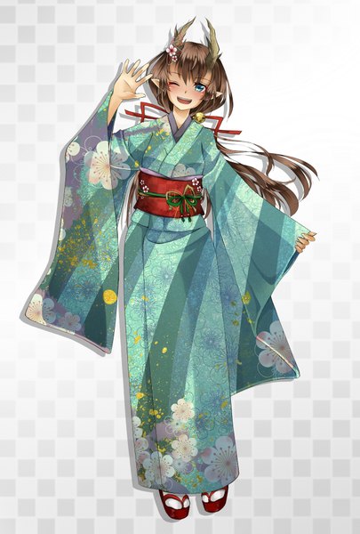 Anime picture 1300x1924 with original shimeji hachi (artist) single long hair tall image open mouth blue eyes black hair japanese clothes one eye closed horn (horns) pointy ears wink arms up oni horns checkered background girl obi bell yukata