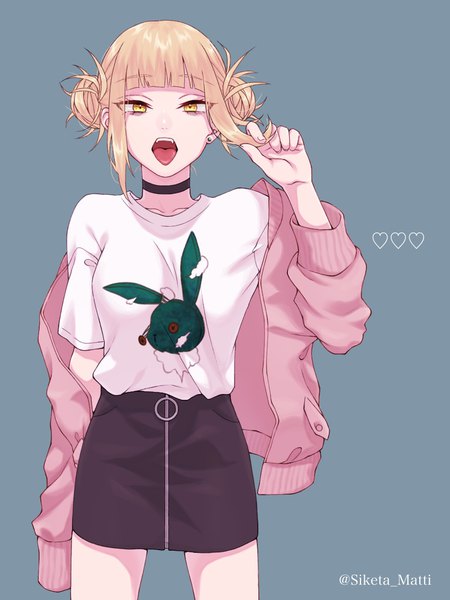 Anime picture 850x1133 with boku no hero academia studio bones toga himiko mizuki mau single tall image looking at viewer fringe short hair open mouth blonde hair simple background signed yellow eyes payot blunt bangs off shoulder grey background open jacket hair bun (hair buns)