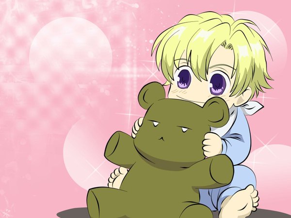 Anime picture 1600x1200 with ouran high school host club studio bones suou tamaki short hair blue eyes blonde hair smile barefoot pink background vector boy toy child (children) neckerchief teddy bear bear